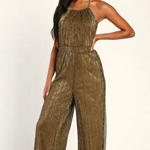 Lulu's Walk on Sunshine Shiny Gold Wide-Leg Halter Jumpsuit